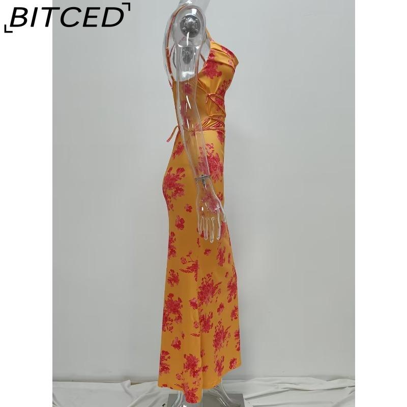 BITCED Spring Women's Fashion: Sensual Printed Strappy Waist-cinching Bodycon Maxi Halter Neck Dress