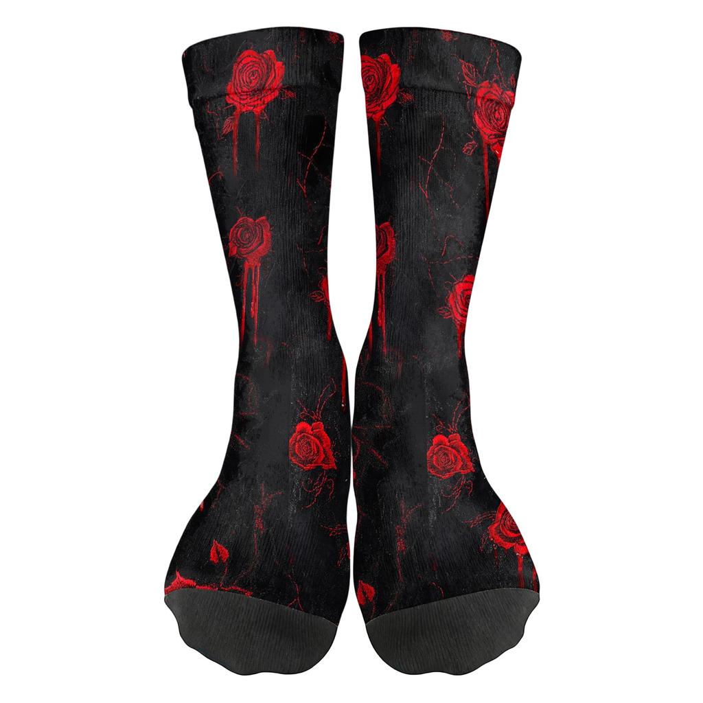 Unisex Crew Socks Breathable Comfortable Fit Mid Calf Socks Halloween Themed Printed Socks with Rose Pattern for Everyday Wear