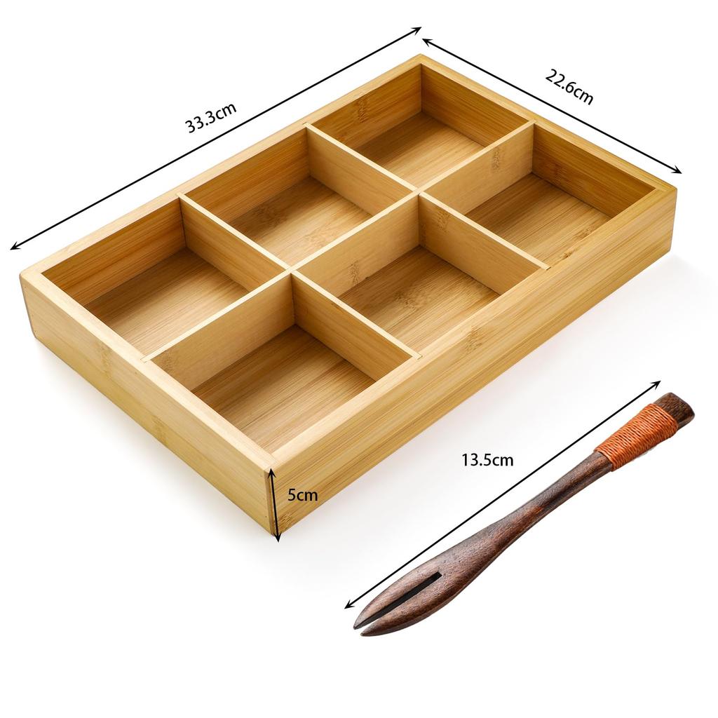 Große Bambus-Servierplatte im Rokugyo-Stil (33x22,5cm), Geteilter Lebensmittelbehälter, Perfekt für Gemüse, Mittagessen und Wurstwaren. Praktisch für Restaurants