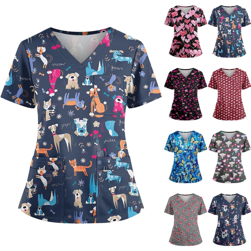 Velká velikost Potištěná srubová pracovní uniforma pro ženy s překříženým výstřihem do V Halloween potisk Zábavná trička s krátkým rukávem Pracovní oblečení Tričko s kapsami