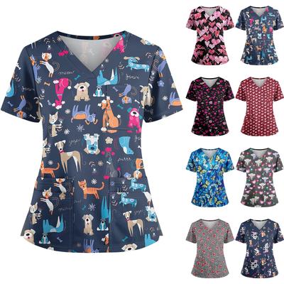 Plus SizePrinted Scrub Working Uniform Tops For Women's Cross V-Neck Halloween Print Short Sleeve Fun T-Shirts Workwear Tee With Pockets