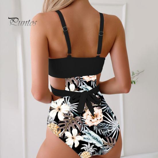 Monokini Estivo da Donna Profondo Scollo a V Senza Maniche Costume da Bagno Intero Colore Patchwork Hollow Out Schiena Scoperta Allacciatura Beachwear