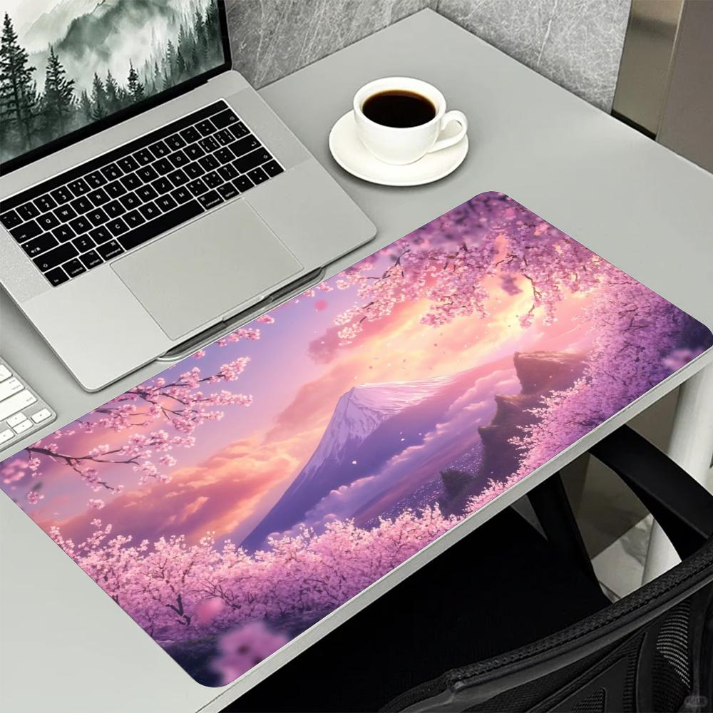 Dreamy Pink Sakura Mount Scenery Art Large Extended Mouse Pad NonSlip Rubber Base With Stitched Edges For Gaming And Office Use
