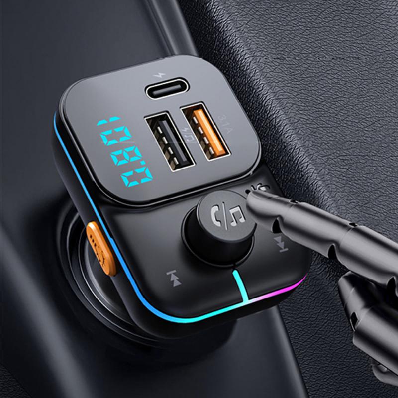 Car Bluetooth FM Transmitter 15W Multifunctional Fast Charging USB Auto Charger  Hands-free MP3 Player with Colorful Light