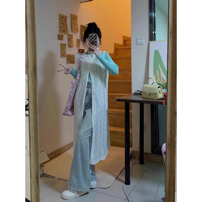 

Стильный вязаный жилет-юбка нишевого стиля с разрезом, блузка Apricot Long blouse S [Recommendation 70/45.00kg]]