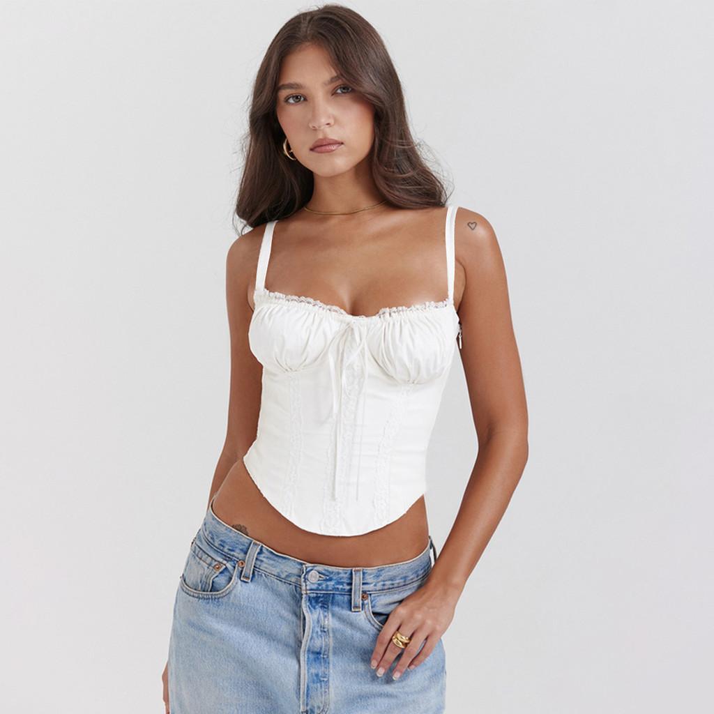 Summer Lace Spliced Bandage Sexy European Top For Women With Slim Fit Style