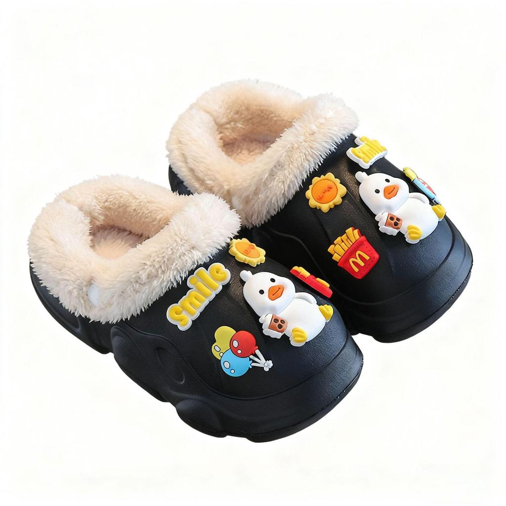 Kids' Waterproof Non-Slip Cotton Slippers, Plush Lined for Warmth, Removable Fur Lining, Perfect for Autumn/Winter Home Use.