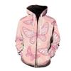 Mens Hooded Zip-Up Sweatshirt With 3D Butterfly Print Stand-Up Collar Front Patch Pockets Loose Fit Fall Casual Wear