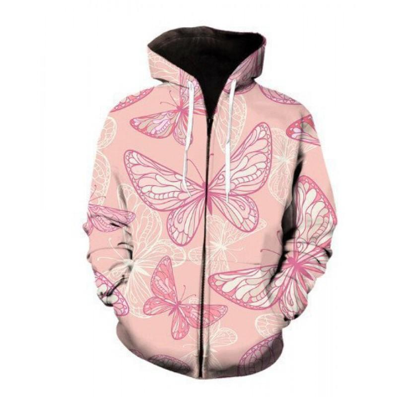 Mens Hooded Zip-Up Sweatshirt With 3D Butterfly Print Stand-Up Collar Front Patch Pockets Loose Fit Fall Casual Wear