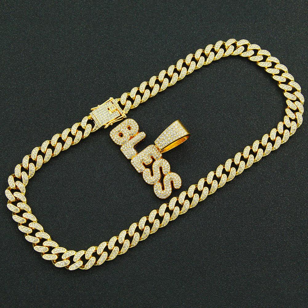 Diamond-encrusted Letter BLESS Cuban Chain, Personalized Splicing Gold Pendant, Men's European and American Cool Necklace