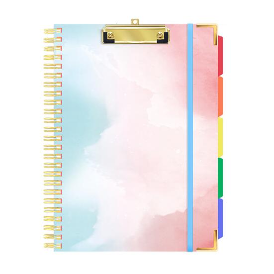 Clipboard Folio with Refillable Notepad Letter Size 5 Dividers Side Pockets Twin-wire Binding Elastic Band Colorful Label Index Spiral