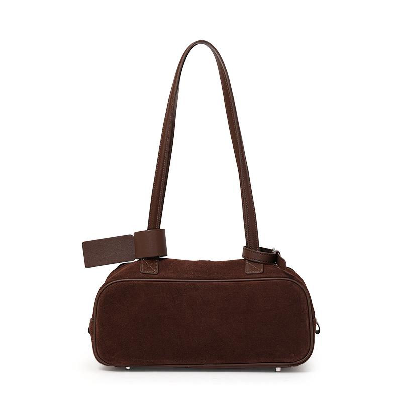 Genuine Cowhide Women's Handbag, Single Shoulder Underarm Pillow Bag, Suede Brushed Bowling Bag