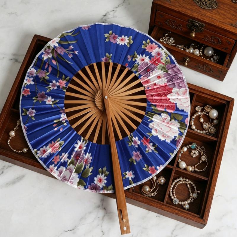 Japanese Style Folding Fan Bamboo Round Windmill Fan Portable Hand Fan for Cosplay Anime Daily Use and Outdoor Carrying