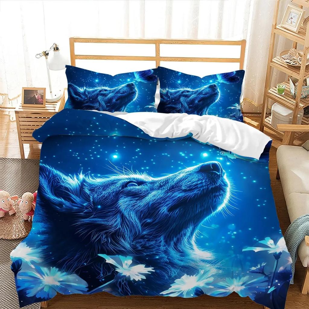 Snow Wolf Duvet Cover Set Full Queen Night Galaxy Starry Wolf Comforter Cover Wild Animals Wolf Themed Bedding Set 2/3 Pieces