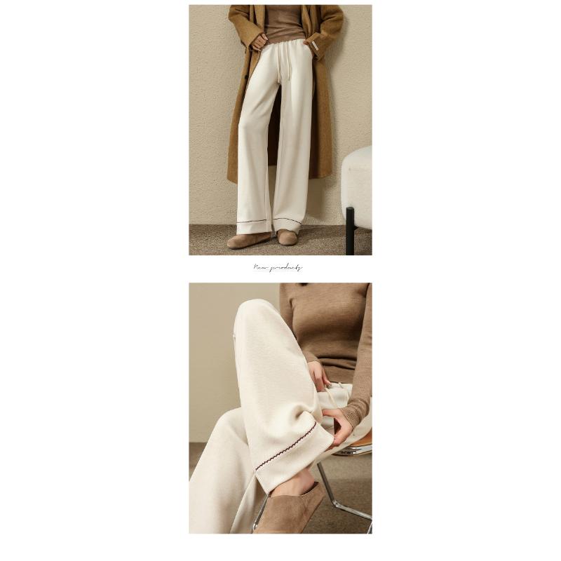 Women Cashmere Glutinous Rice Pants Autumn Winter Style High Waist Drooping Versatile Fleece Lined Floor Length Wide Leg Pants