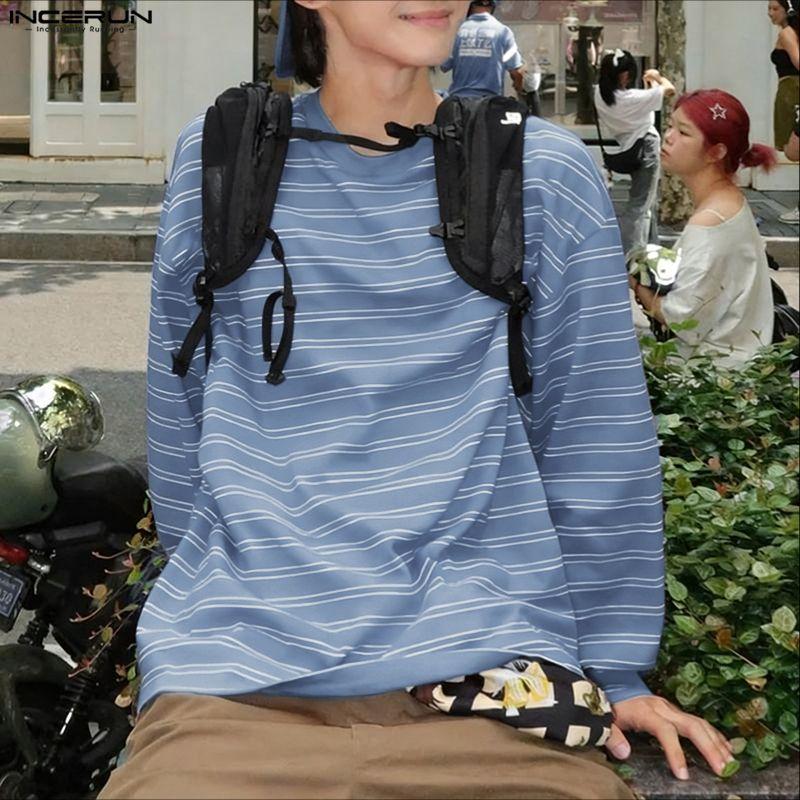 INCERUN Oversized Men Long Sleeve Striped Loose Casual Tops T-shirts