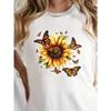 European Size Sunflower & Butterfly Print Crew Neck T-shirt, Casual Short Sleeve Top For Spring & Summer, Women's Clothing