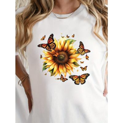 European Size Sunflower & Butterfly Print Crew Neck T-shirt, Casual Short Sleeve Top For Spring & Summer, Women's Clothing