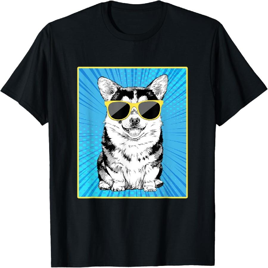 Tri Color Corgi Portrait Pop Art Dog with Sunglasses T-Shirt S