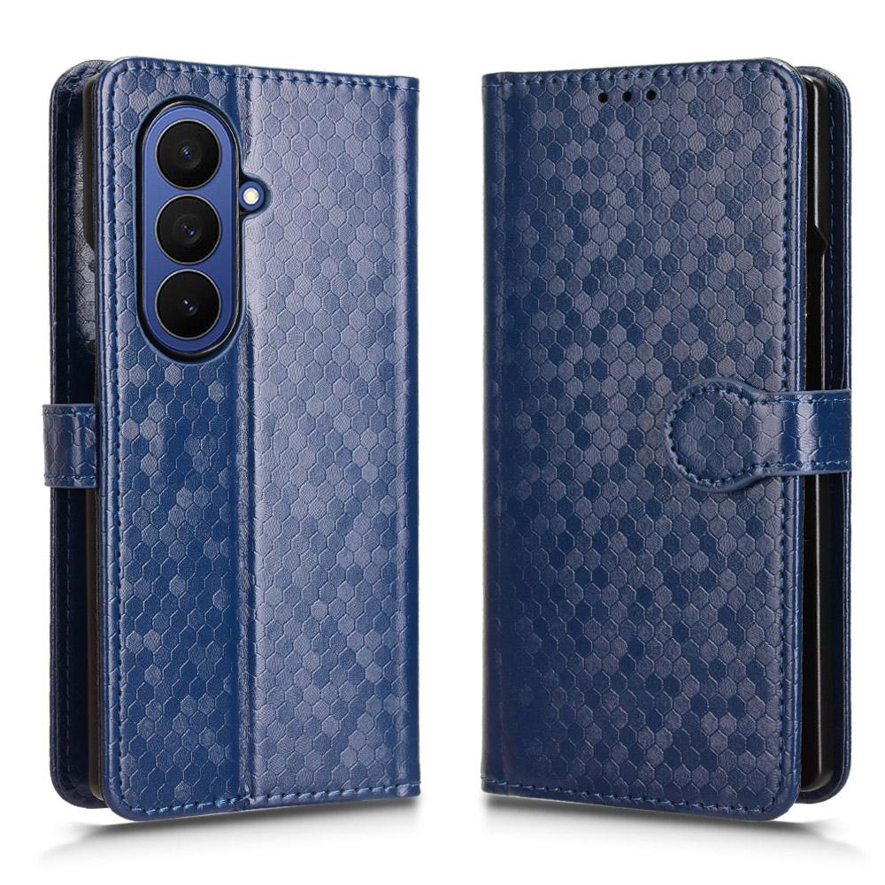 

For Samsung Galaxy Z Fold7 5G Wallet Case Dot Pattern Imprint PU Leather Phone Cover with Wrist Strap Dark Blue
