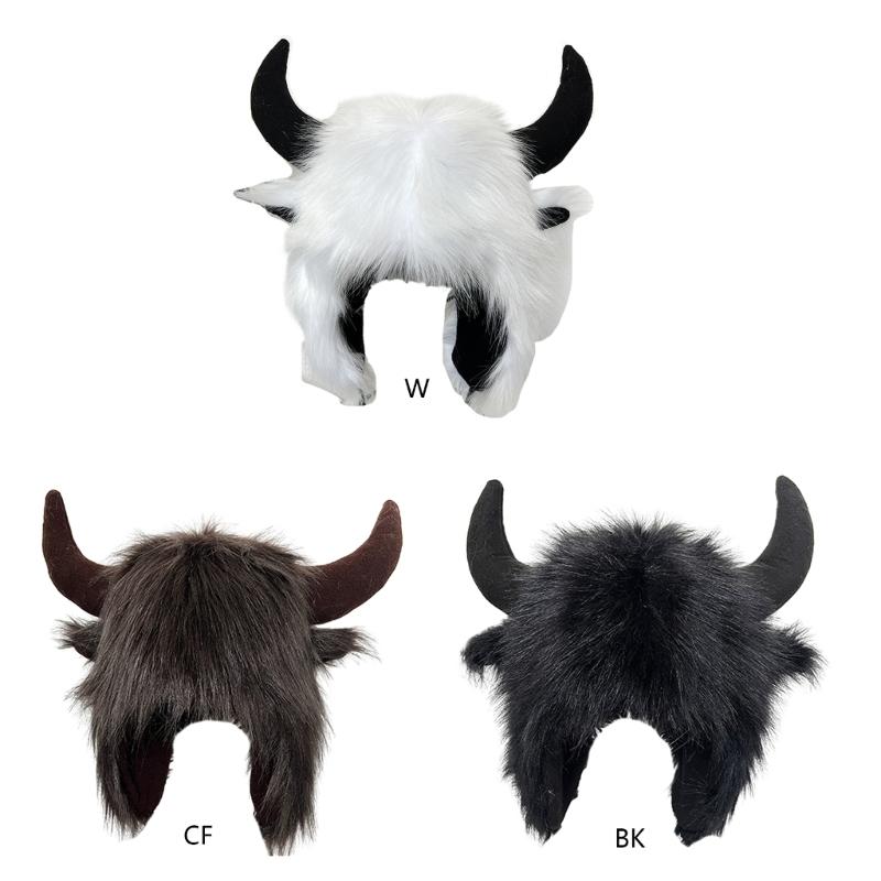 Furry Bull Hat Headwear with Cartoon Horns Halloween Gift Warm Soft Hat
