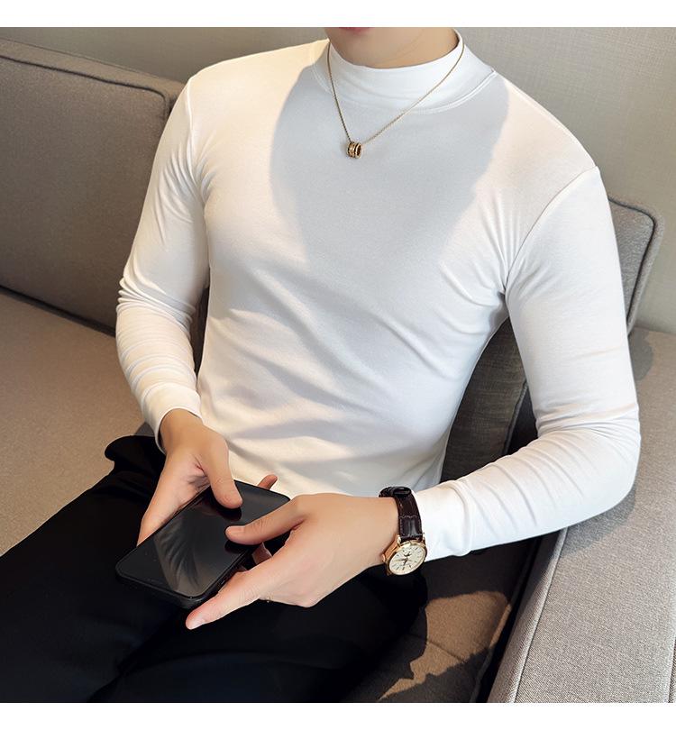 Men's Autumn Solid Color Slim Fit Semi-High Neck Long Sleeve T-Shirt