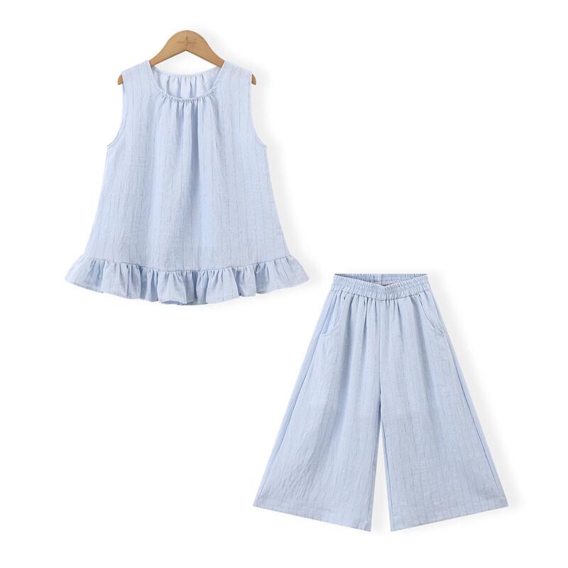 Mengtejiao Girls' Striped Babydoll Shirt & Wide-Leg Pants Set