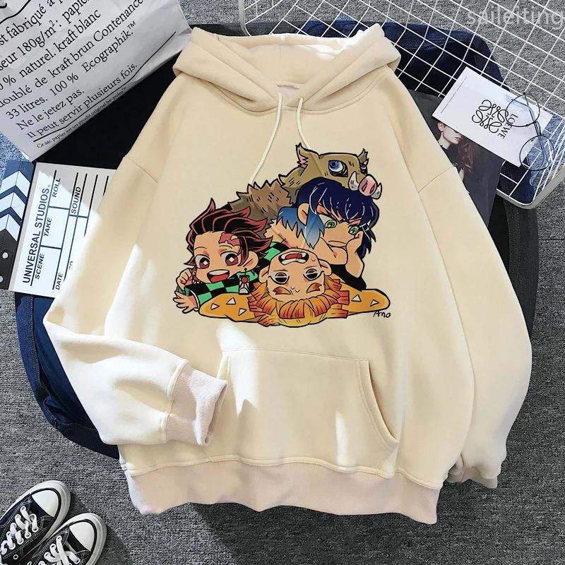 Japan Anime Demon Slayer Hoodies Japanese Casual Kangaroo Pocket Hoodie Harajuku Cartoon Manga Khaki Pullovers Aesthetic Clothes