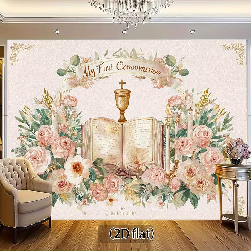 2D Watercolor Style First Communion Backdrop Bible Chalice & Pink Roses Themed Banner