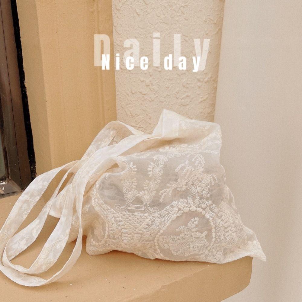 New Soft Embroidered Floral Shoulder Bag Large Capacity Portable Lace Handbag Organza Cloth bag Women
