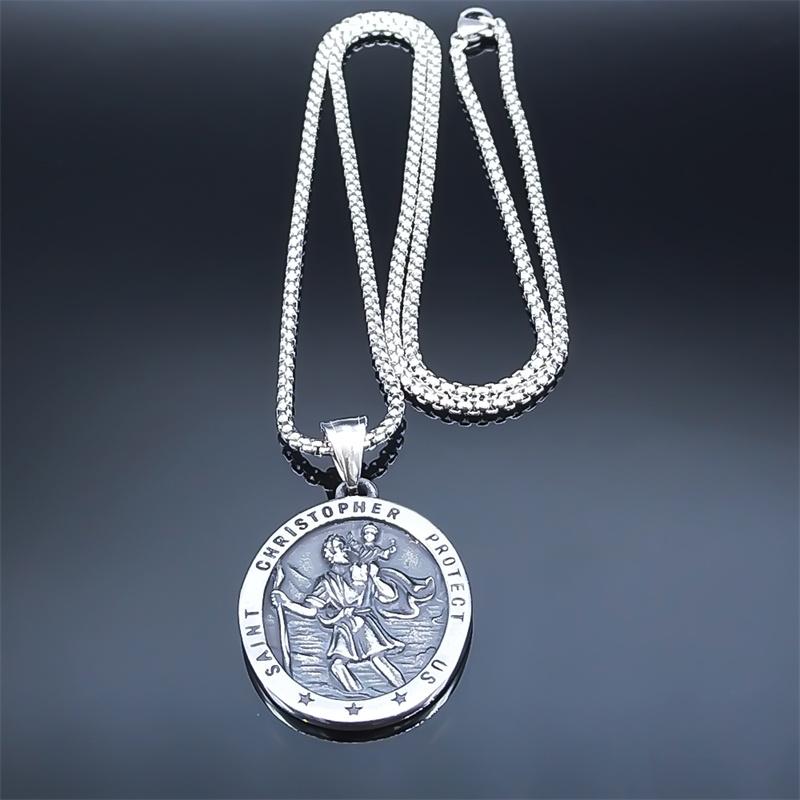 Saint Christopher Protect Us Cross Medal Necklace Stainless Steel Archangel Saints Protection Amulet Necklaces Jewelry NZZ303S05