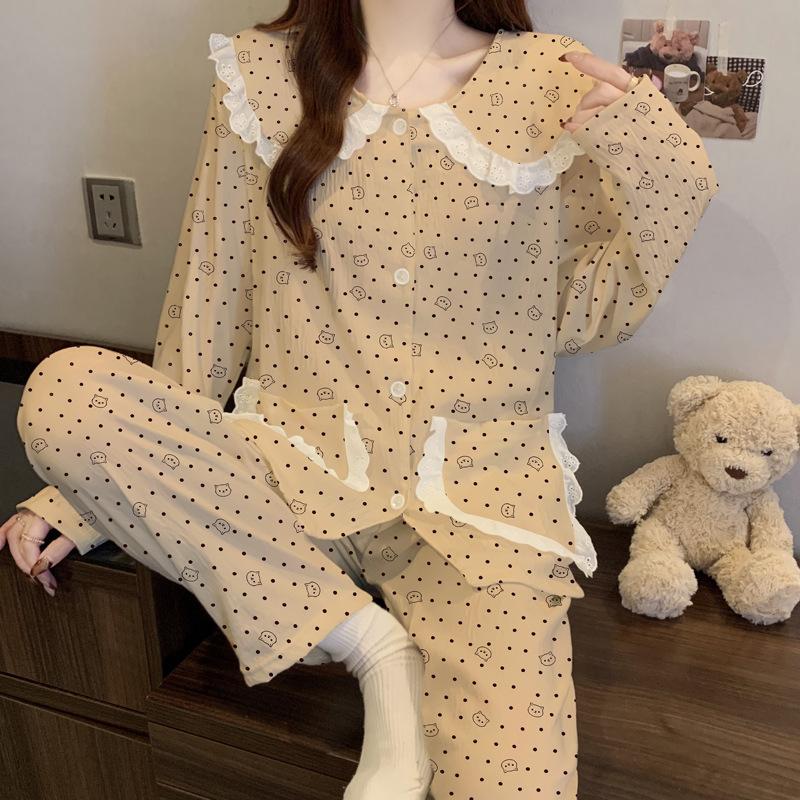 Pajamas Women'S Spring And Autumn Cute Doll Collar Girl Suit Can Wear Cloud Cotton Long-Sleeved Loungewear