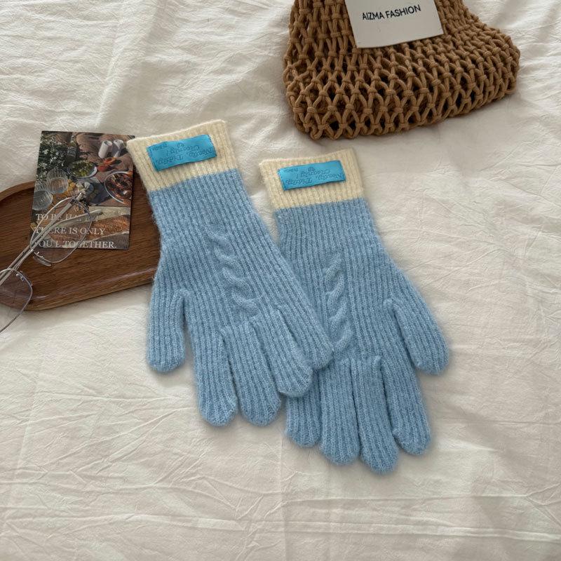 Women's Long Color Block Cable Knit Gloves for Autumn/Winter - Warm, Cold-Proof, Thickened Cycling Hand Protection