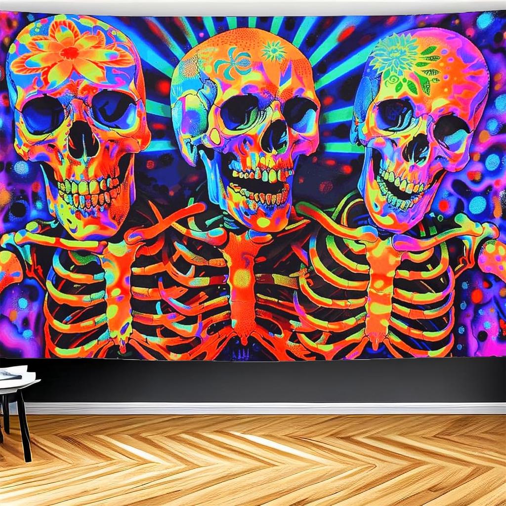 CJSLIFEART Blacklight Skull Tapestry Percussion Small Concert Fluorescent Starry Sky Bedroom Tapestry Background Wall Decoration