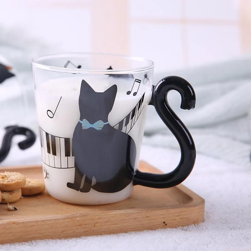 1PCS Cute Cat Glass Juice Coffee Cup Milk Tea Coffee Glass Mug Cat Tail Handle Cat Valentine's Day Lover Gifts Stainless Spoon