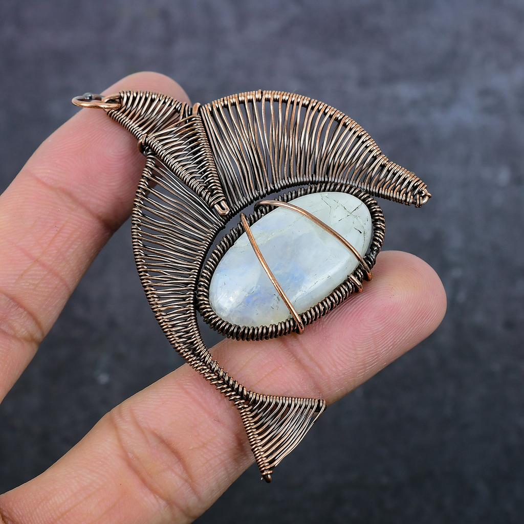 Moonstone Handmade Copper Wire Wrap Jewelry Pendant 2.96" c2C94