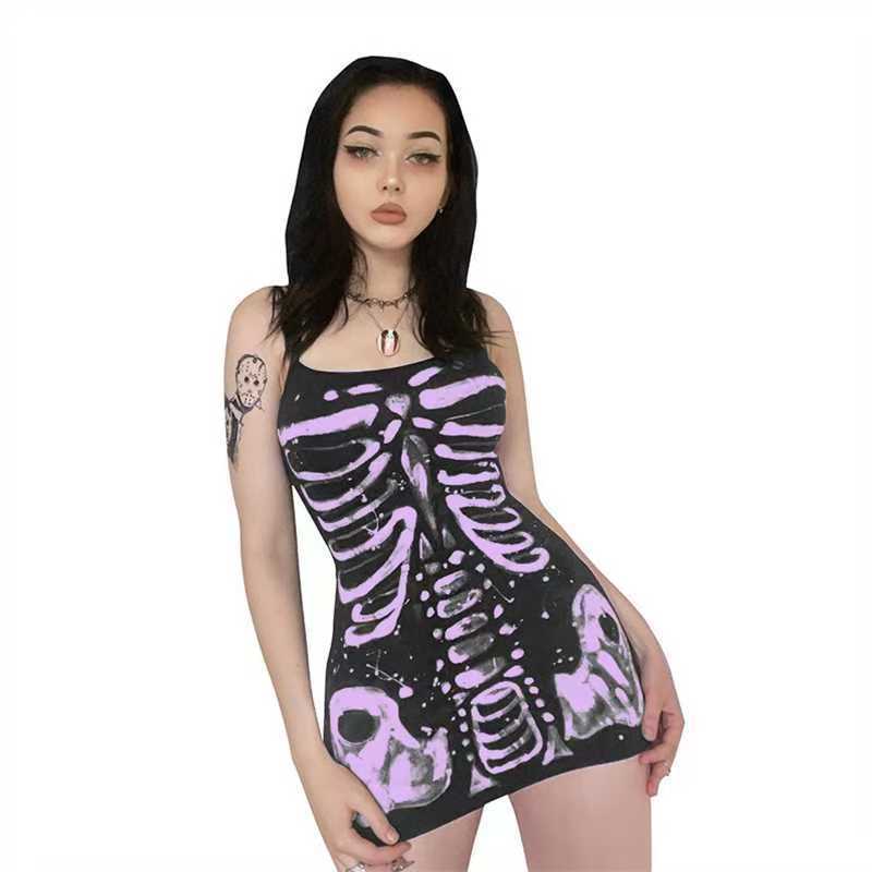 

Y2k скелет принты облегающее платье одежда на Хэллоуин готическое лето без рукавов тонкие бретельки мини платья вечеринка клуб уличная одежда L фиолетовый