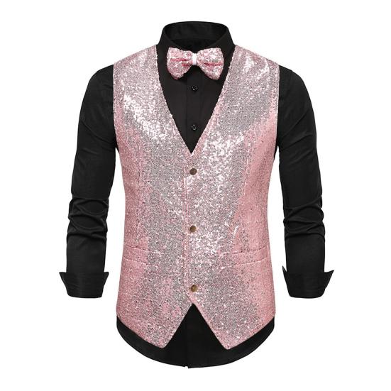 Men Suit Vest V-Neck Sleeveless Single Breasted Stage Show Waistcoat with Pockets Slim Fit Shiny Sequins Bow Tie Weddings Proms Vest