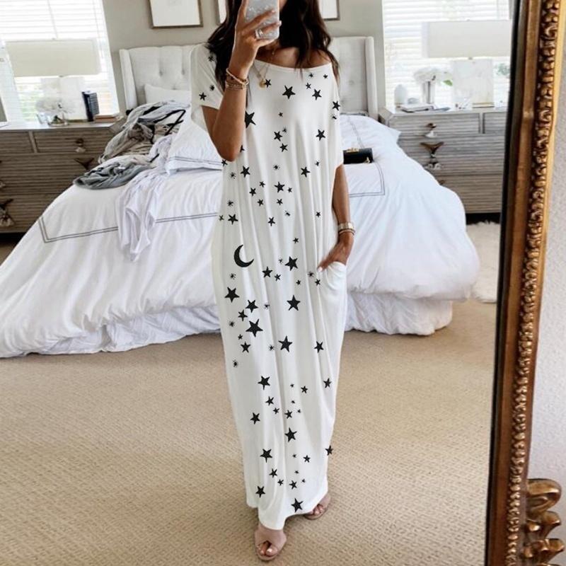Women Loose Casual Short Sleeve Moon Stars Print Maxi Dress Home Casual Dress Trendsetting Must-have Items Fashion Versatile Outfits