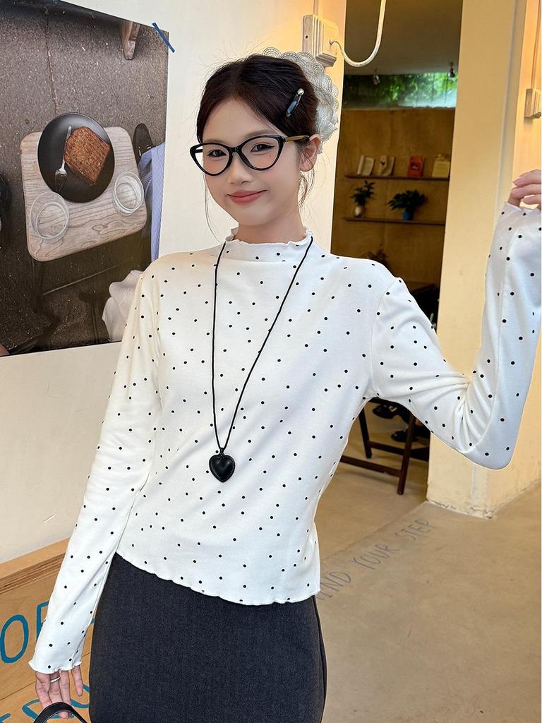 Miu Style Polka Dot Ruffle Long Sleeve Women's T-Shirt - Slim Fit, Half-High Neck, Perfect for Autumn/Winter.
