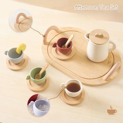 Baby Rollenspiel Nachmittagstee Spielzeug, Silikon-Teekanne mit Holz-Untersetzer, Lernspielzeug für Kinder im Alter von 3-6 Jahren