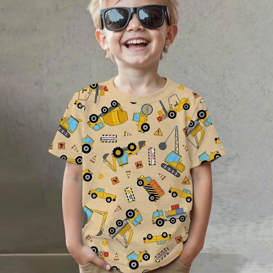 Summer Round Neck Vehicle Themed 3D Printed Top Fashionable Casual Short Sleeved Children's Boy T-shirts
