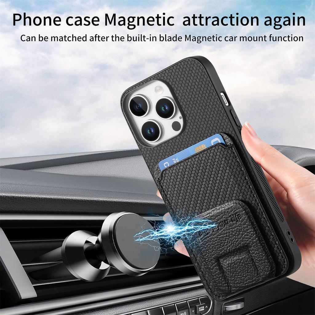 C1-11 for iPhone 16 Pro Max Case Card Holder Carbon Fiber Texture Leather Coated TPU Phone Cover
