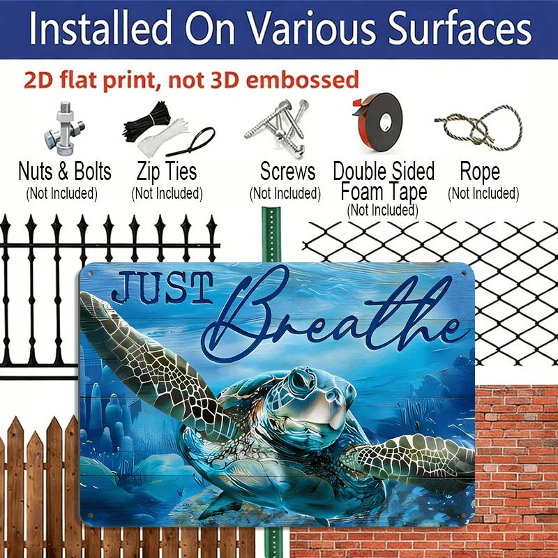 2D Flat, Just Breathe Sea Turtle Metal Wall Art - Rustic Aluminum Ocean-Themed Decor with Coral Reef & Blue-Green Turtle, Calming Bathroom Sign for