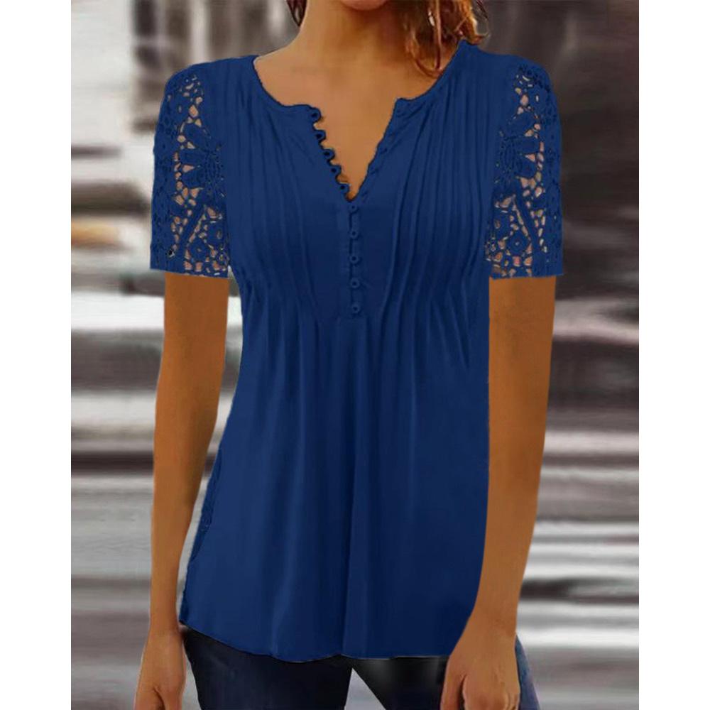 2026 SummerFashion New Women's Clothing Lace Sleeves Pleated Solid Color Button T-Shirt Bottom Shirt