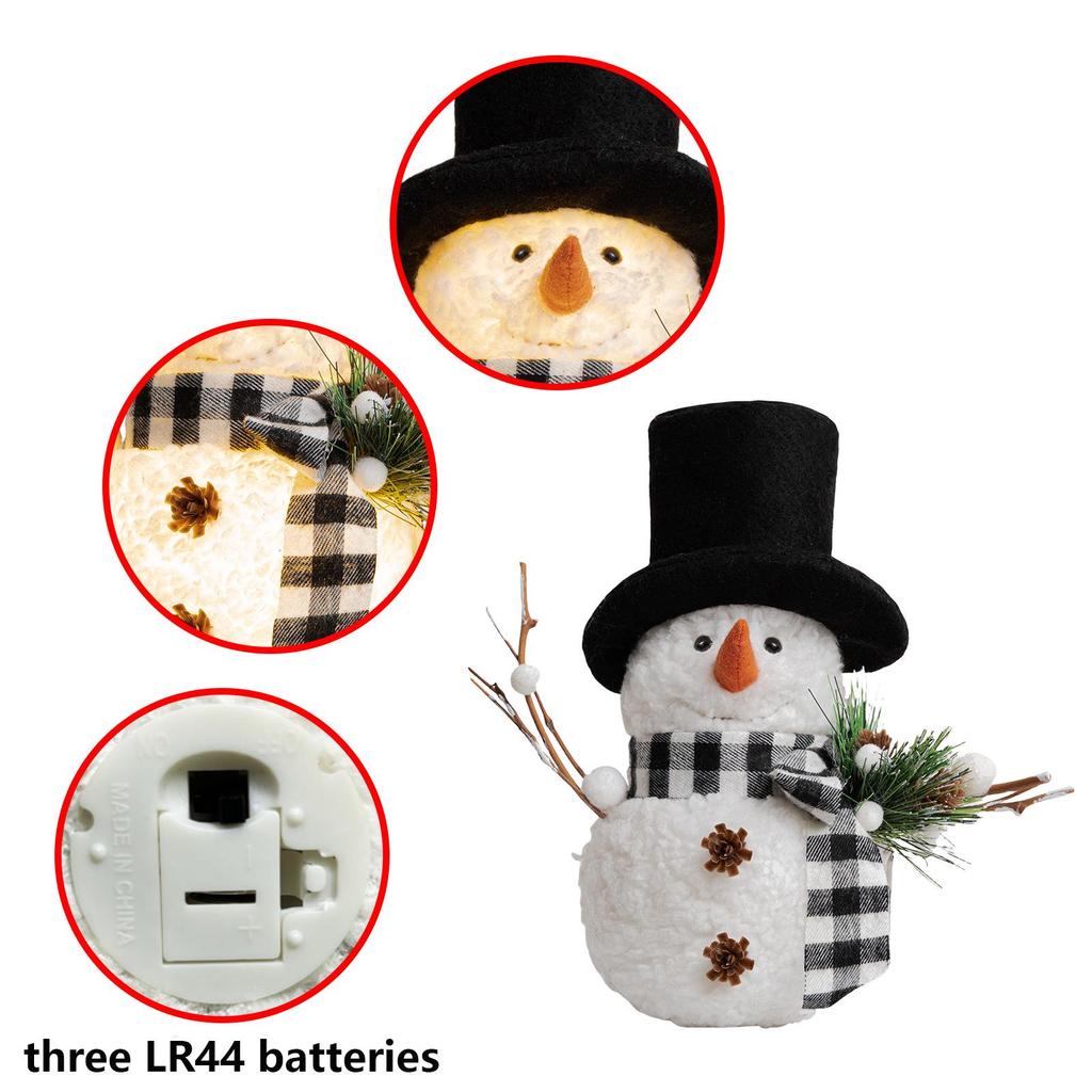 Christmas Luminous Snowman Ornament with Black & White Plaid Scarf Hat