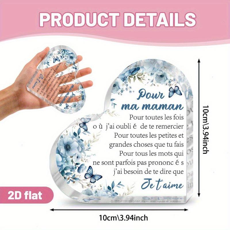 2D Flat, "Pour Ma Maman" Heart-Shaped Acrylic Decorative Plaque, Blue Floral Design & French Inscription, Suitable for Wall Decoration, Porch, Room, V