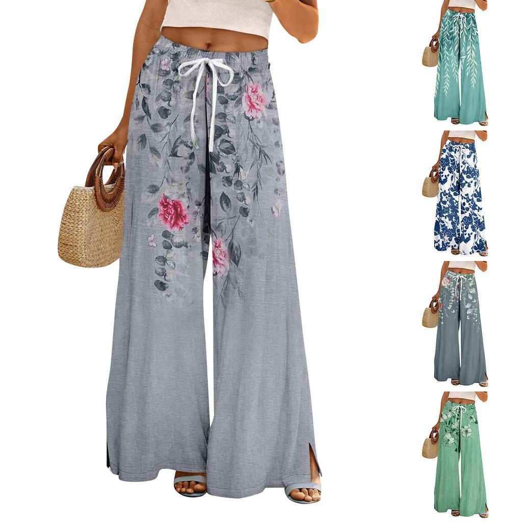 Women Summer Boho Palazzo Pants High Waist Wide Leg Floral Printing Casual Trousers With Pockets