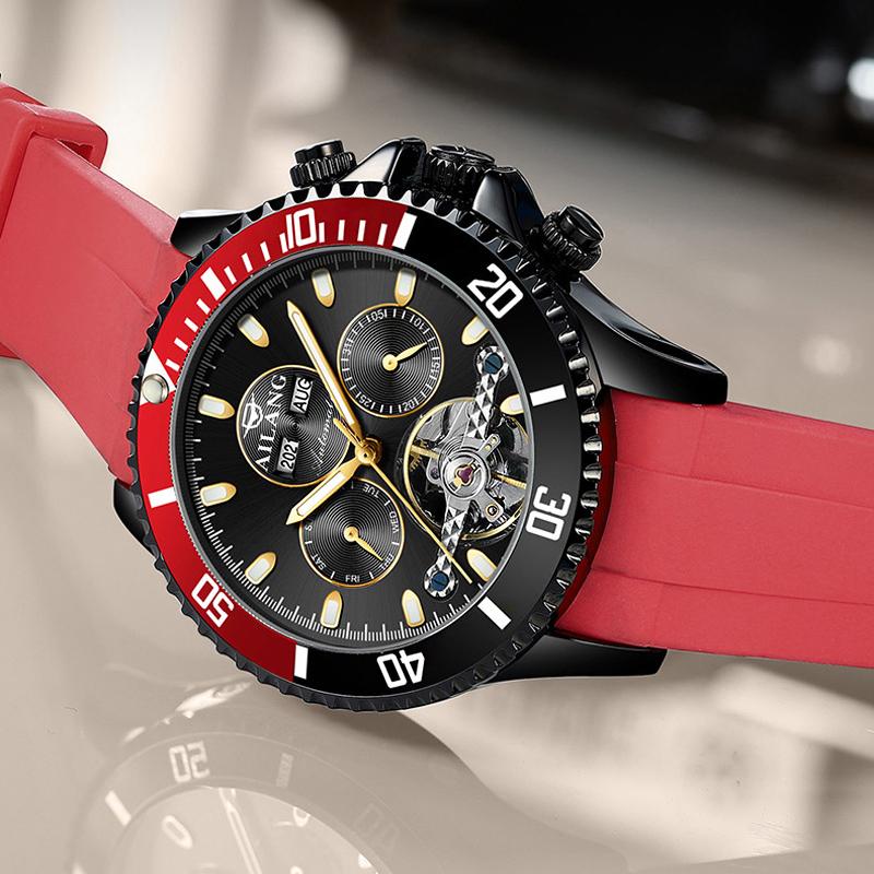 AILANG Luxury Black Red Case Multi-function Sports Tourbillon Watches Waterproof Automatic Mechanical Watch Men Reloj Hombre