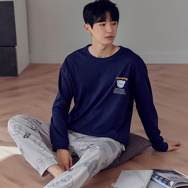 Pijama de manga larga 100 % algodón para hombre: informal, cuello redondo, ideal para usar en exteriores, perfecto para primavera y otoño.